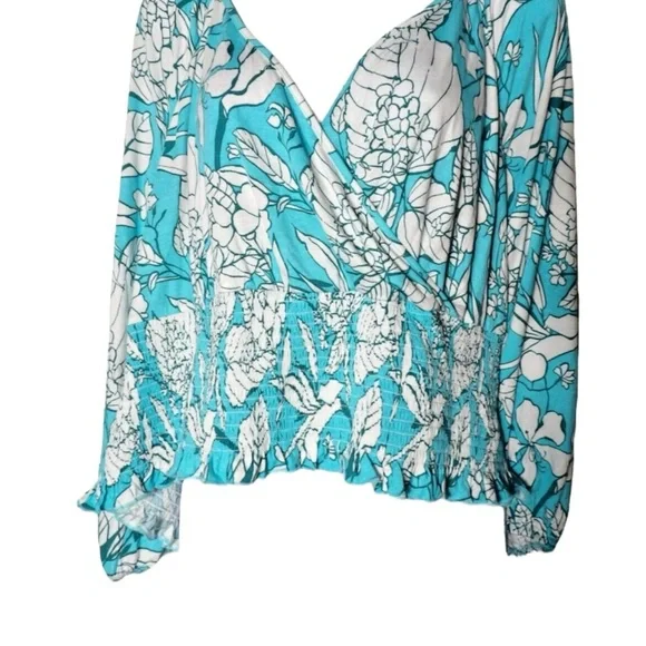 LANE BRYANT Vibrant Soft Stretch Floral Smocked Top in Teal/White  Size 18/20 - Picture 5 of 8